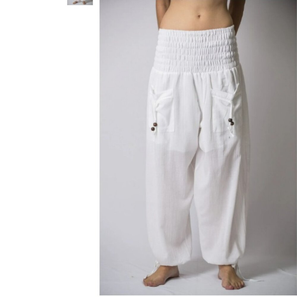 Harem Pants Women's Thai Smocked Waist Cotton Pants in White S